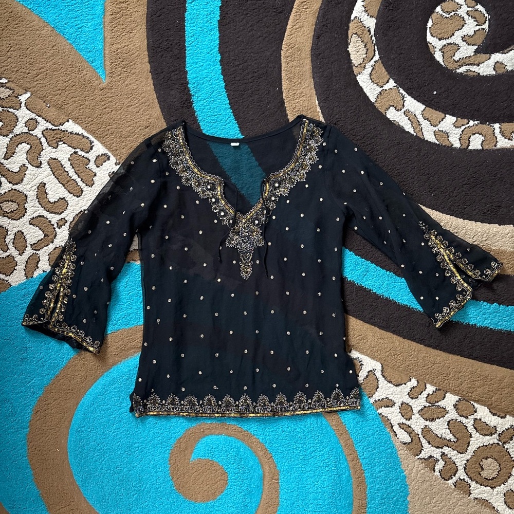 Sheer Black 3/4 sleeve Top With Gold Sequin Beaded Embroidery